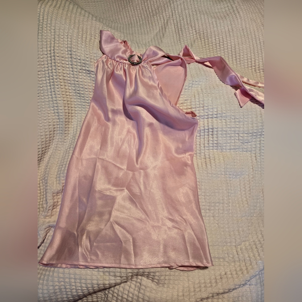 Gorgeous Silky Pink Tie Collar Rhinestone Accent Sleeveless Blouse Size L